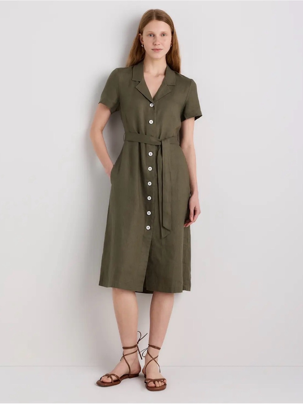 Quince 100% European Linen Button Front Shirt Dress Martini Olive Pockets Sz M